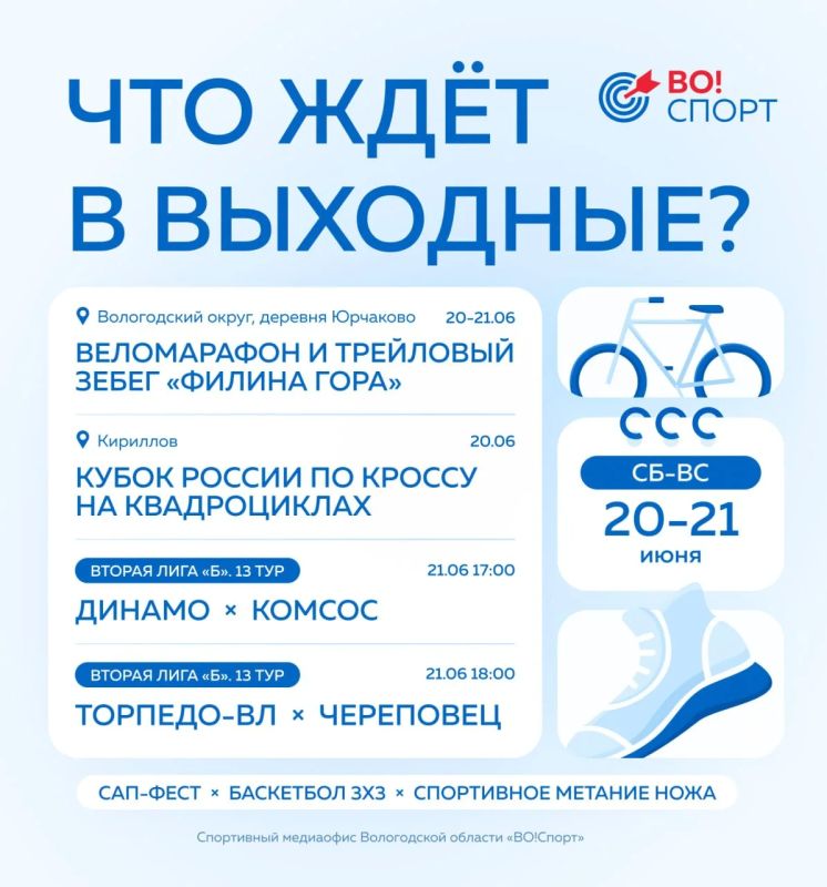 Спортивный медиаофис Вологодской области представил подборку спортивных событий, которые пройдут 20 и 21 июня