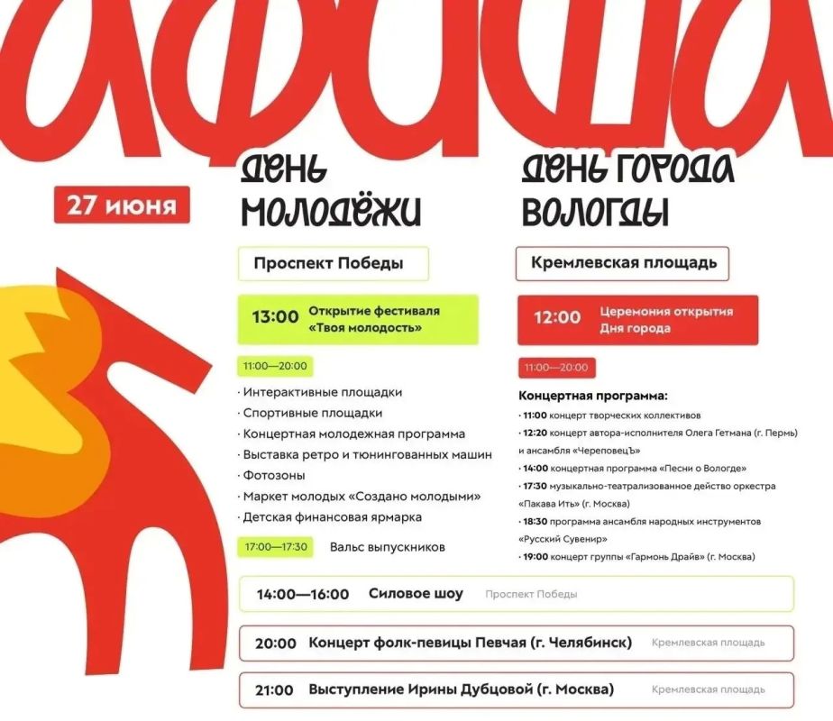 27 июня Вологда станет центром ярких событий — в этот день город одновременно отметит День города и День молодежи